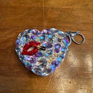 Heart-Shaped Crystal Keychain with Red Lip Detail mirrored compact
